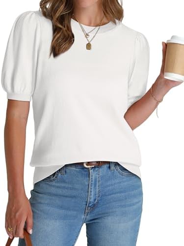 A crisp white short-sleeve sweater knit with subtle puff sleeves and a tidy ribbed hem for breezy days.