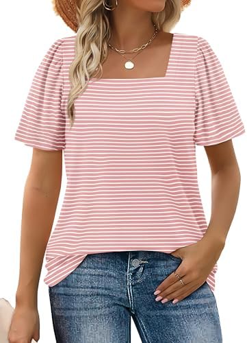 Fine pink stripes give this square-neck summer tee a soft, clean pattern that pairs naturally with light denim and linen shorts.