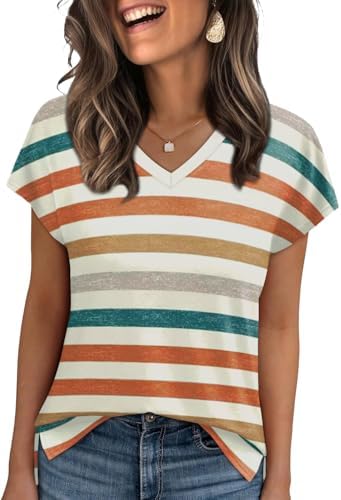 Horizontal orange striping gives this breezy V-neck tee a bright look that stands out against light wash denim shorts.
