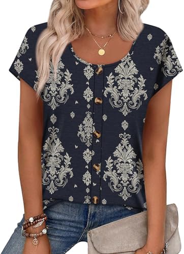 Small decorative buttons down a soft U-neckline give this navy printed cap-sleeve tee a polished, easygoing finish.