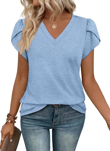 Soft skyblue knit shapes this relaxed summer tee with overlapping tulip sleeves and an easy V-neckline.