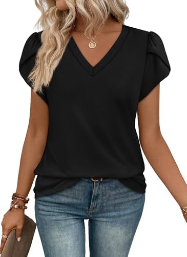 A crisp black tee with overlapping tulip sleeves and an open V neckline that holds its depth throughout the day.