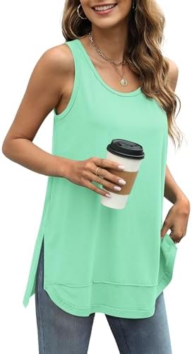 A soft light green tank with raw-edge seams, an airy scoop neck, and side slits made for easy packing on sunny getaways.
