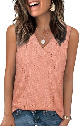 A loose coral tank knit with delicate eyelet detailing and an easy V-neckline for sunny days.