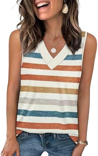 Bright rainbow bands give this breezy V-neck tank a lively beachside look that matches all your warm-weather denim.