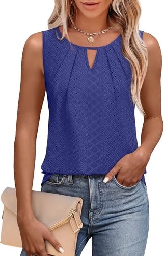 A cool blue sleeveless top cut loose with soft front pleats and a subtle keyhole cutout at the neckline.