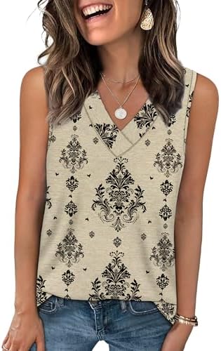 Intricate ethnic floral patterns over a warm beige base give this breezy V-neck tank an earthy, relaxed finish for sunny days.