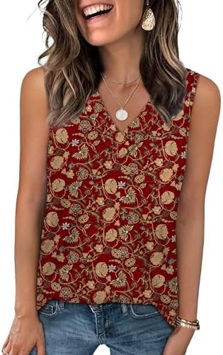 Vibrant red ethnic floral print brings warm summer energy to this stretchy V-neck tank top cut with breezy cap sleeves.