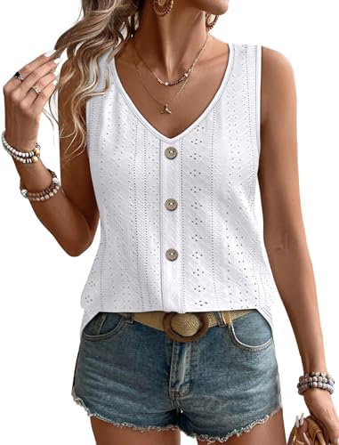 Crisp white eyelet embroidery defines this airy V-neck tank, finished with a loose drape for warm resort days.