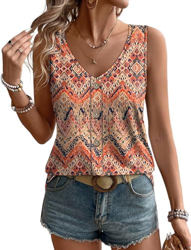 A relaxed V-neck tank patterned in an intricate boho print, finished with subtle textured eyelet detailing across the knit.