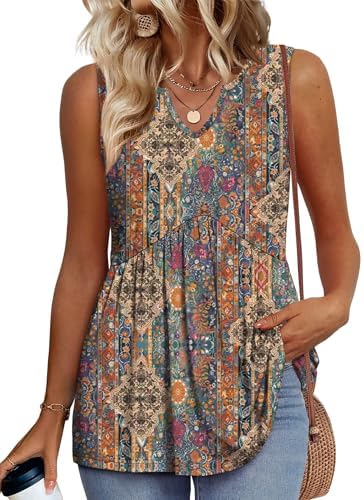 An earthy ethnic print sets this breezy babydoll tank apart, cut loose through the body with an open V-neckline.