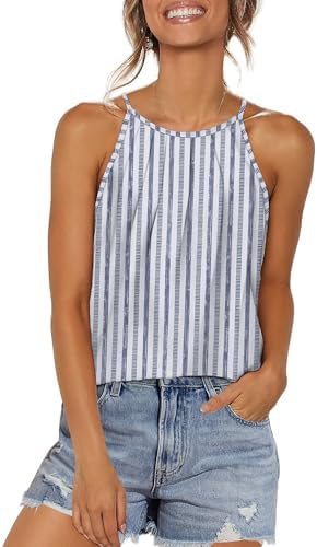 Thin blue stripes run horizontally across this light summer tank, cut with a gathered neckline and a roomy curved hem.