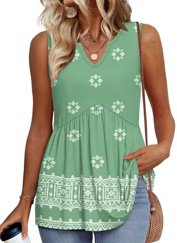 A breezy babydoll tank in a leafy green boho print, cut loose through the waist with a soft V-neck for warm afternoons.