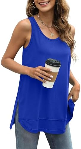 Raw exposed seams and deep royal blue define this breezy scoop neck tank cut with generous side slits.