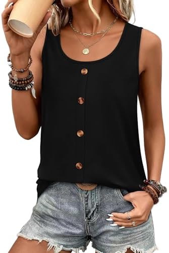 Small decorative buttons trace the front of this airy black tank, cut loose for warm afternoons and weekend getaways.