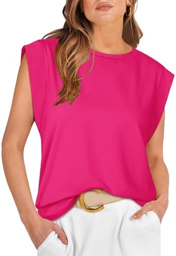 A soft pink muscle tee with extended cap shoulders and a relaxed body that tucks neatly into high-waisted shorts or linen slacks.