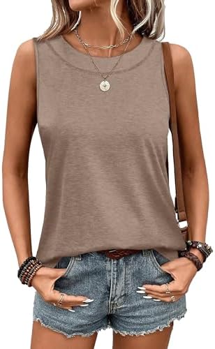 A rich coffee brown knit with a gentle crew neck and an arched hemline gives this sleeveless top a relaxed, tidy look.