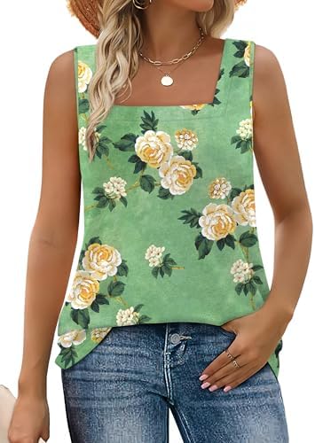 Botanical green florals meet an open square neckline in this breezy, curved-hem tank designed for warm-weather rotation.