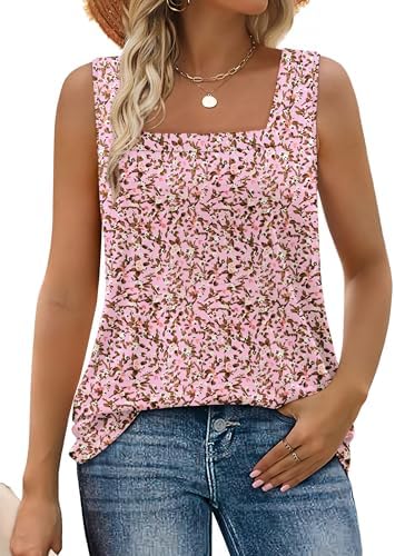 Bright pink blossoms stand out across a breezy square-neck tank cut with an easy curved hemline for warm days.