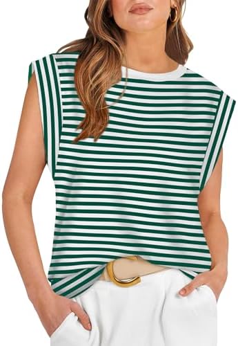 Crisp green and white stripes give this loose cap sleeve muscle tee a bright seaside feel for hot afternoons.