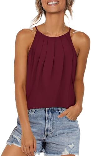A deep burgundy halter tank with front pleating and a curved hem that sits easily over shorts or dark work trousers.