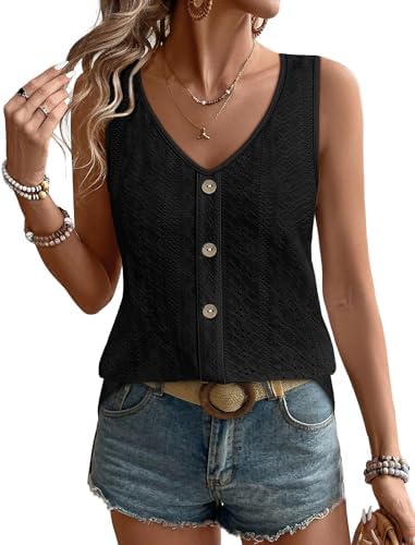 Deep black knit with delicate embroidered eyelet textures brings a tidy look to an airy, sleeveless V-neck cut.