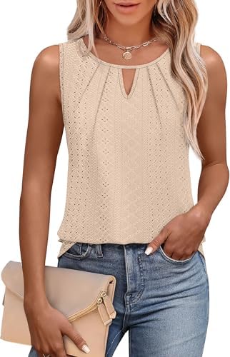 A soft apricot sleeveless blouse with front pleating and a delicate keyhole cutout at the round neckline.
