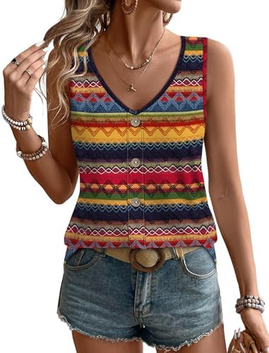 Vertical boho stripes give this breezy eyelet tank a sun-washed rhythm that pairs naturally with light denim and linen shorts.