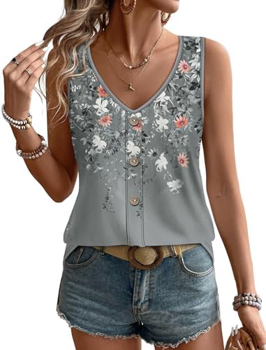 Muted grey petals drift across this loose summer tank, finished with an eyelet V-neck and a light, airy drape.