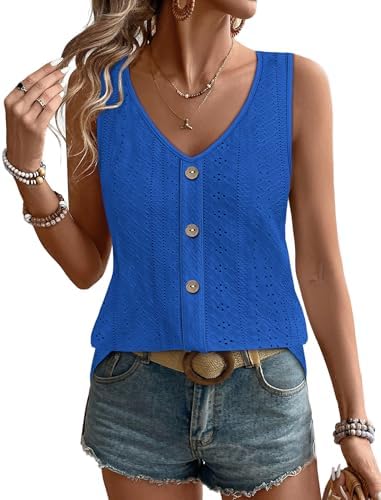 Delicate eyelet embroidery across the neckline sets this blue sleeveless tank apart from ordinary summer basics.