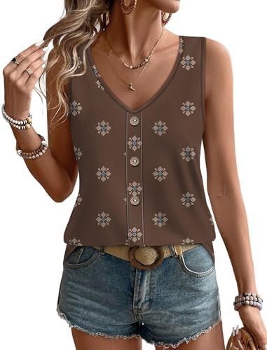 Embroidered eyelet details add subtle texture to this rich coffee brown V-neck tank, cut loose for warm summer days.