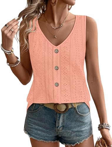A vivid coral sleeveless top cut loose with delicate embroidered eyelet detailing across the lightweight body.