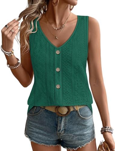 Textured eyelet embroidery and a deep dark green tone give this breezy sleeveless V-neck an easy, pulled-together feel.