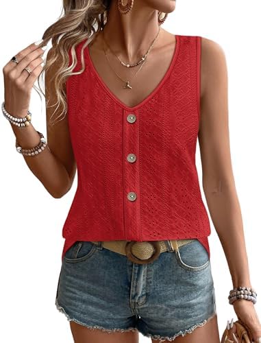 A bright red summer tank cut in lightweight eyelet knit with a relaxed body and a neat V-neck.