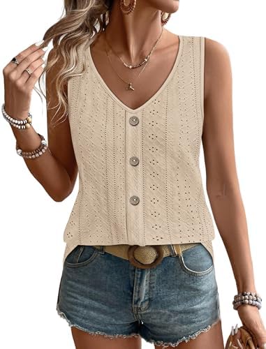 Embroidered eyelet patterns add quiet texture to this loose khaki v-neck tank, cut in a soft knit that keeps you cool all day.