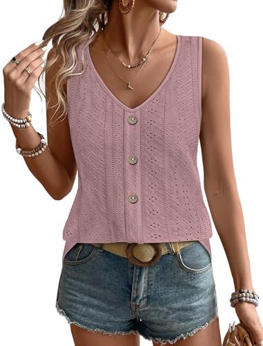 Embroidered eyelet details add subtle texture to this soft pink sleeveless top, cut loose for warm summer afternoons.