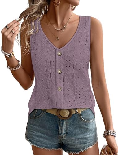 Intricate eyelet embroidery sets off the cool purple tone of this breezy summer tank with a relaxed V-neck cut.