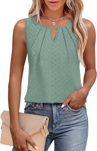 A soft sage green sleeveless tank cut with a front keyhole and gentle pleats through the body.