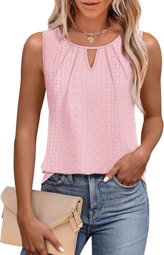 A soft keyhole neckline and subtle front pleating give this light pink summer tank an airy, graceful drape for sunny days.