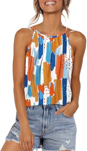 A vivid multi-hue floral print pairs with a pleated halter neckline and a flowing curved hem for breezy warm-weather days.