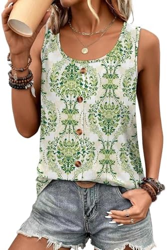 A breezy square neckline tank cut in a patterned green print with front button accents and a loose, flowy sweep.