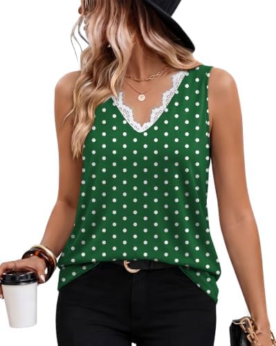 A crisp green polka dot print brings cheerful pattern to this airy sleeveless tank trimmed with delicate front lace along the V-neck.