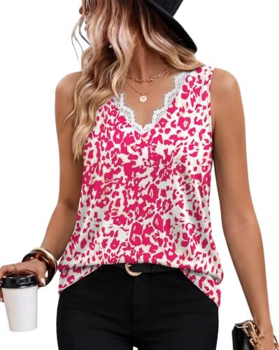 A soft pink leopard print meets delicate lace trim along the front V-neckline of this easy, flowy summer tank.