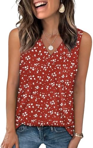 Red and white floral print covers this loose v-neck summer tank, cut from a light stretch knit that packs small for warm trips.