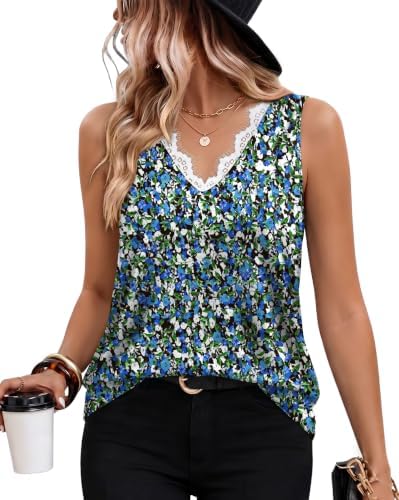 Cool botanical prints in ocean blue sweep across this breezy v-neck tank, finished with delicate lace detailing at the neckline.