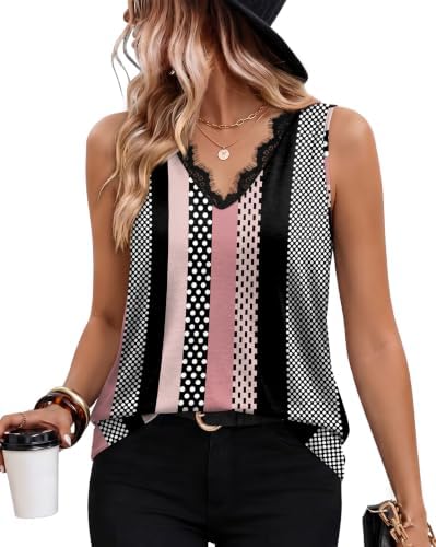 Soft pink stripes run across this airy tank, finished with an inset lace V-neckline and an easy curved hem.