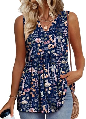 Small blooms scatter across a deep blue ground on this loose babydoll tank cut with a neat V-neckline.