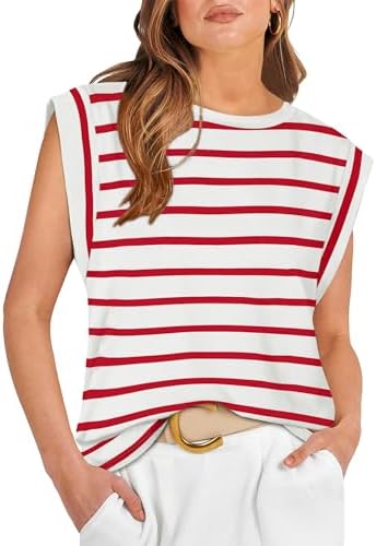 Clean red and white stripes run across this soft muscle tee, finished with cap sleeves and a loose summer cut.