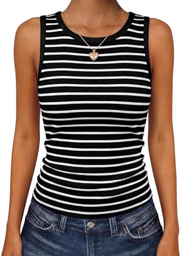 Fine black and white horizontal stripes give this stretchy ribbed tank a crisp, preppy look with adjustable side ruching.