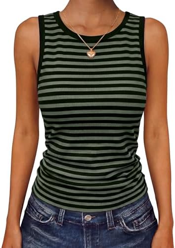 Narrow green and black stripes meet flexible side ruching in our soft ribbed summer knit tank top.